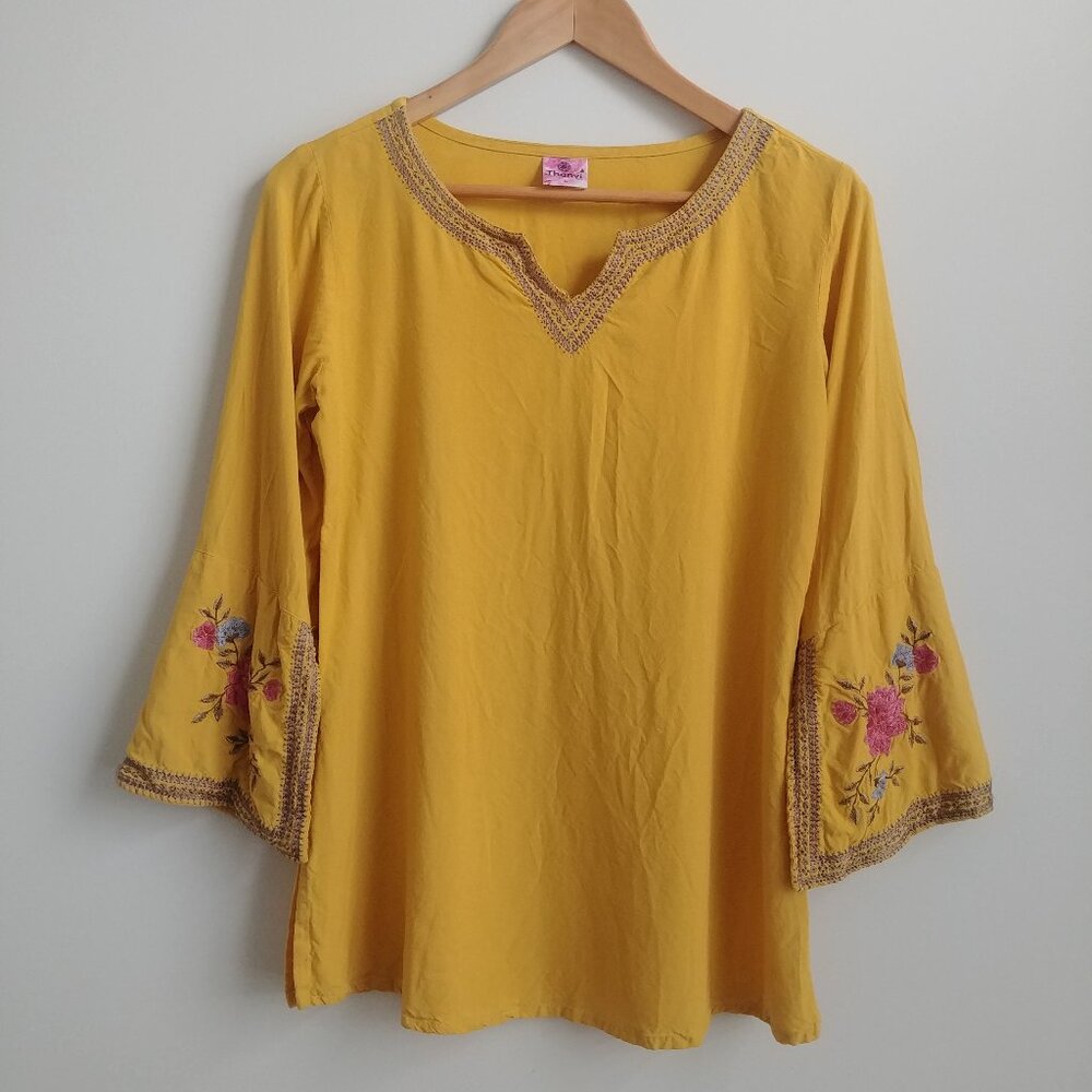 Jhanvi Art made in India embroidered sleeves mustard yellow blouse top Large